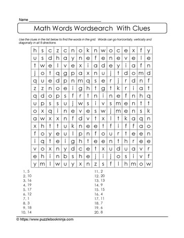 Math Words With Clues Puzzle