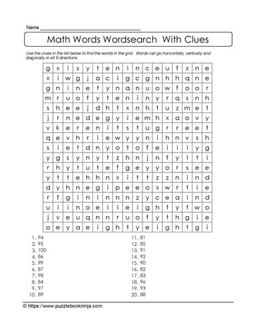 WordSearch Math With Clues Puzzle