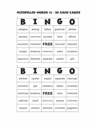 Misspelled Words Bingo Cards 1-2