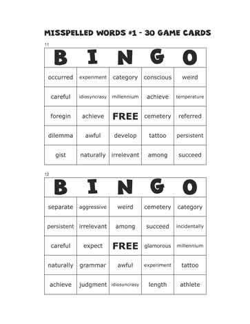 Misspelled Words Bingo Cards 11-12