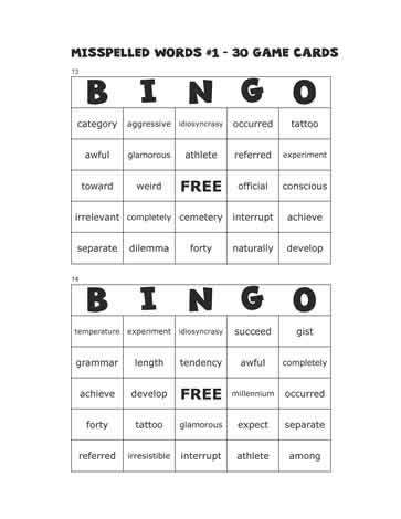 Misspelled Words Bingo Cards 13-14