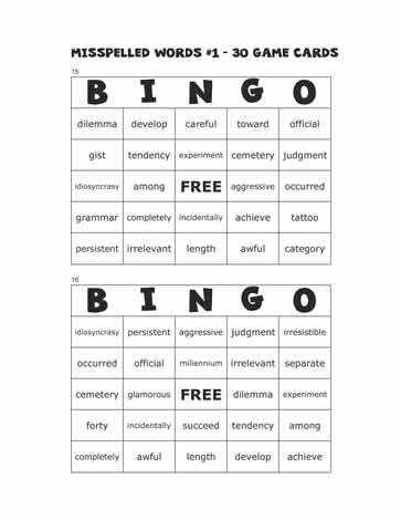Misspelled Words Bingo Cards 15-16