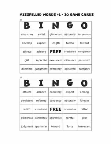Misspelled Words Bingo Cards 25-26