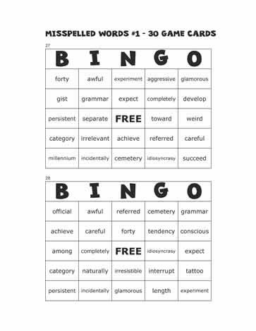 Misspelled Words Bingo Cards 27-28