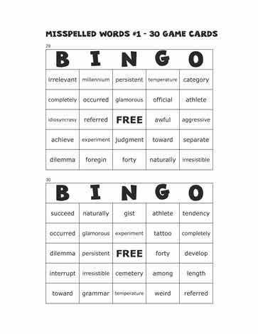 Misspelled Words Bingo Cards 29-30
