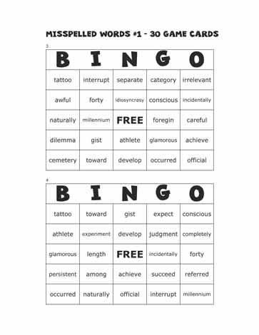 Misspelled Words Bingo Cards 3-4