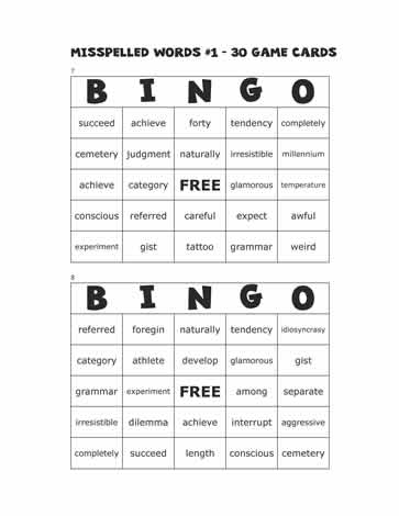 Misspelled Words Bingo Cards 7-8