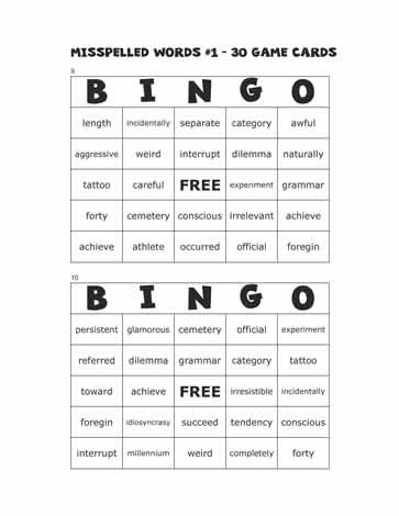 Misspelled Words Bingo Cards 9-10