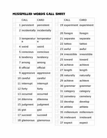Misspelled Words Bingo - CALL Sheet