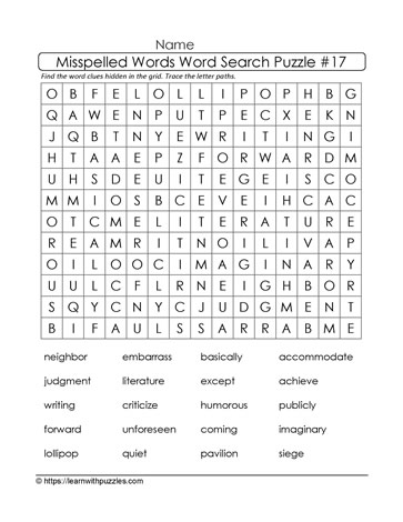 Misspelled Words Word Search 17