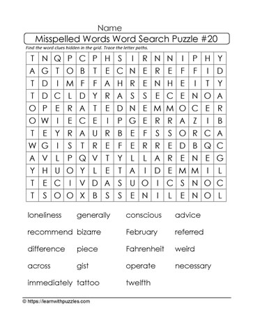 Misspelled Words Word Search 20