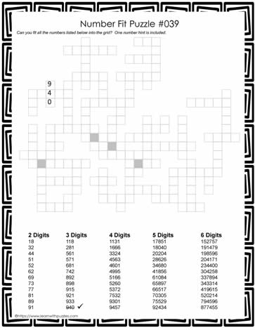 Number Fit Puzzle - 039