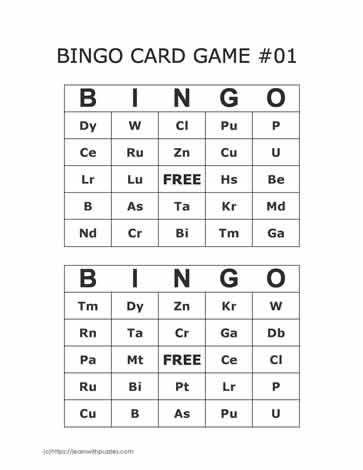 Periodic Table Bingo Cards 1-2