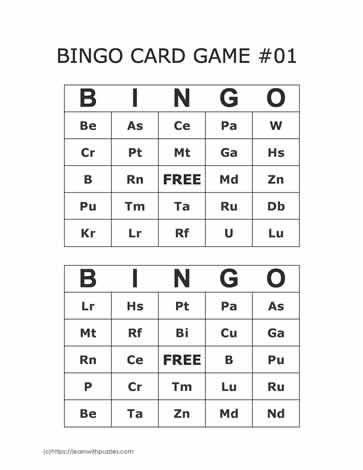 Periodic Table Bingo Cards 13-14