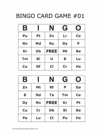 Periodic Table Bingo Cards 15-16