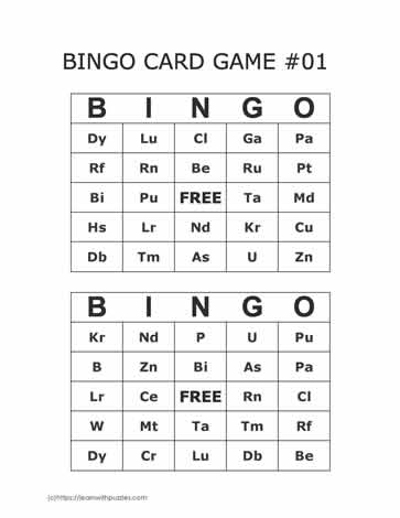 Periodic Table Bingo Cards 17-18