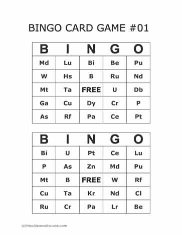 Periodic Table Bingo Cards 19-20