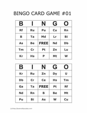 Periodic Table Bingo Cards 21-22