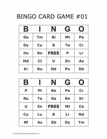 Periodic Table Bingo Cards 23-24