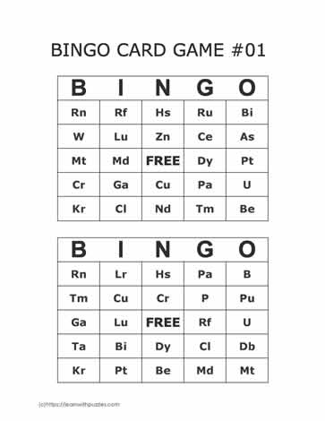 Periodic Table Bingo Cards 27-28