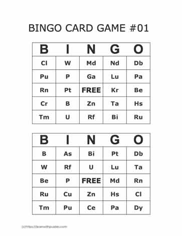 Periodic Table Bingo Cards 7-8