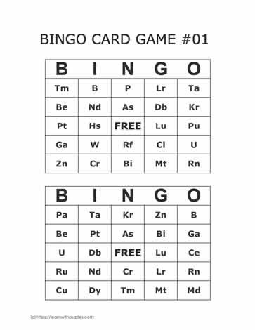 Periodic Table Bingo Cards 9-10