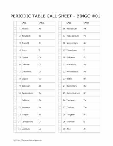 Periodic Table Bingo - CALL Sheet