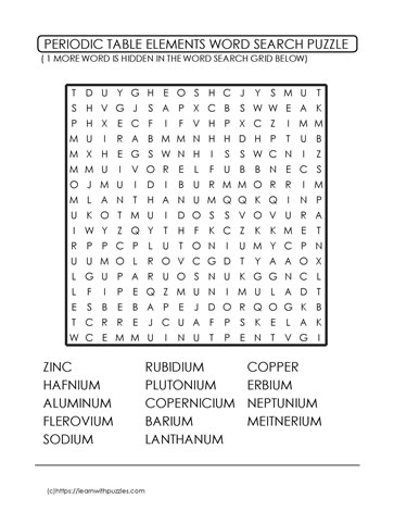 Periodic Table Wordsearch Challenge 1