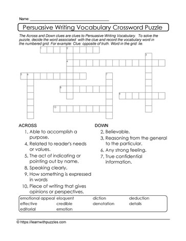 Persuasive Writing Crossword and Google Quiz #05a