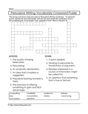 Persuasive Writing Crossword and Google Quiz #06a