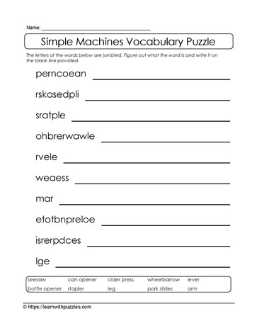 Simple Machines Scrambled Vocabulary