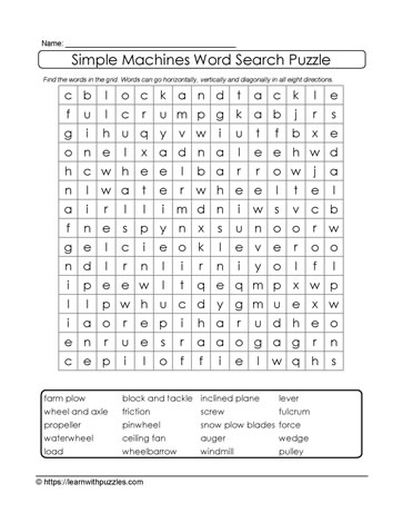 Vocabulary Simple Machines Wordsearch