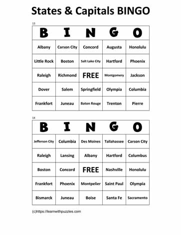 States Capitals Bingo Cards 13-14