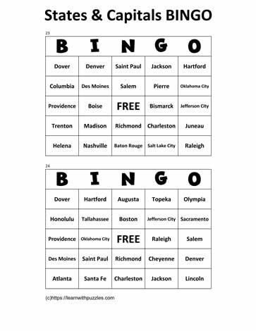 States Capitals Bingo Cards 23-24