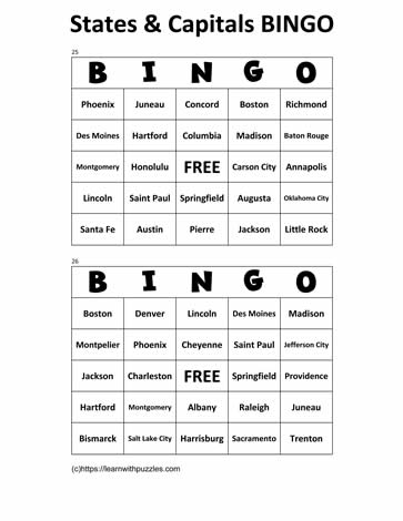 States Capitals Bingo Cards 25-26