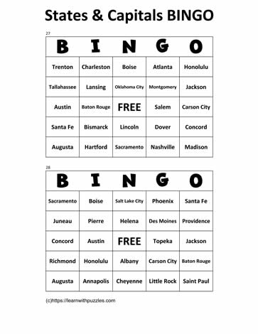 States Capitals Bingo Cards 27-28