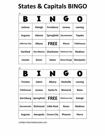 States Capitals Bingo Cards 29-30