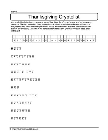 Thanksgiving Cryptolist #14 Learn With Puzzles