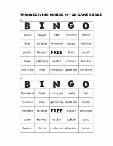 Thanksgiving Bingo Cards 17-18