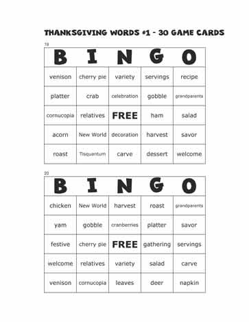 Thanksgiving Bingo Cards 19-20