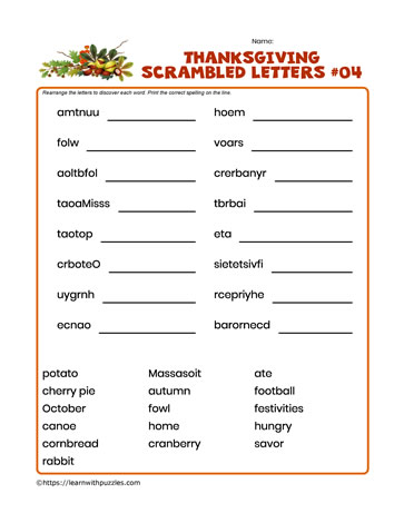 Thanksgiving Scrambled Letters #04