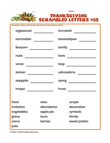 Thanksgiving Scrambled Letters #05