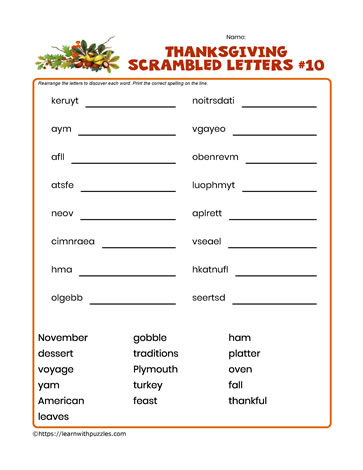 Thanksgiving Scrambled Letters #10