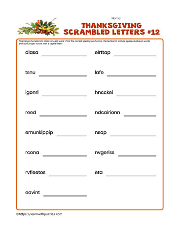 Thanksgiving Scrambled Letters #12