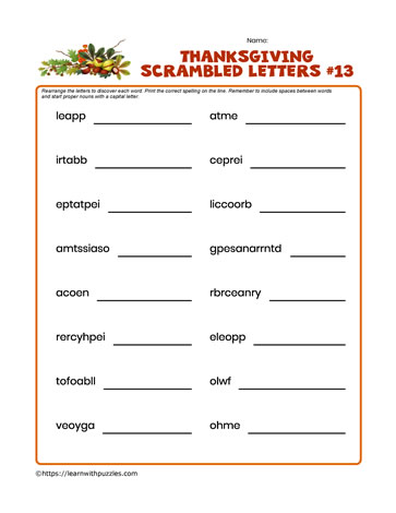 Thanksgiving Scrambled Letters #13