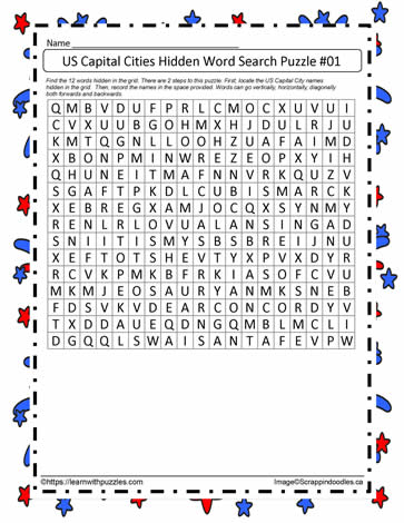 Hidden Wordsearch Puzzle-US Capitals