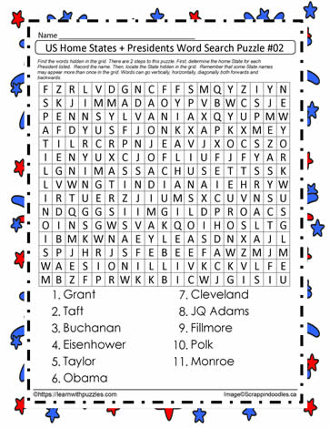 Home States Presidents Word Search #2
