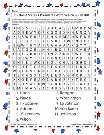 Home States Presidents Word Search #4