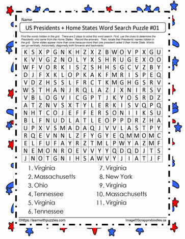 Presidents Word Search Home States #1