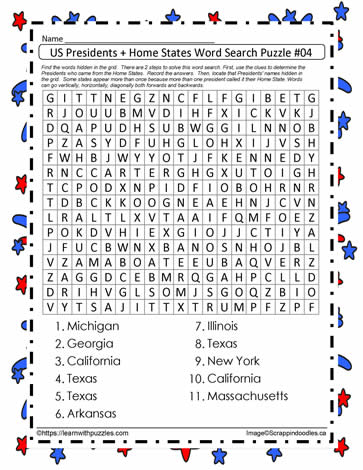 Presidents Word Search Home States #4
